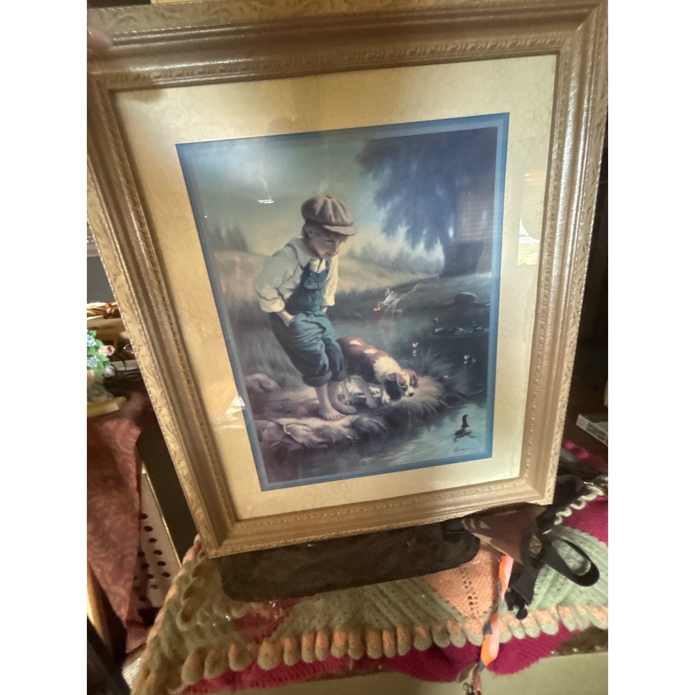 Bria Framed Art Print Boy with Dog at Pond Americana Country Decor Gold Frame